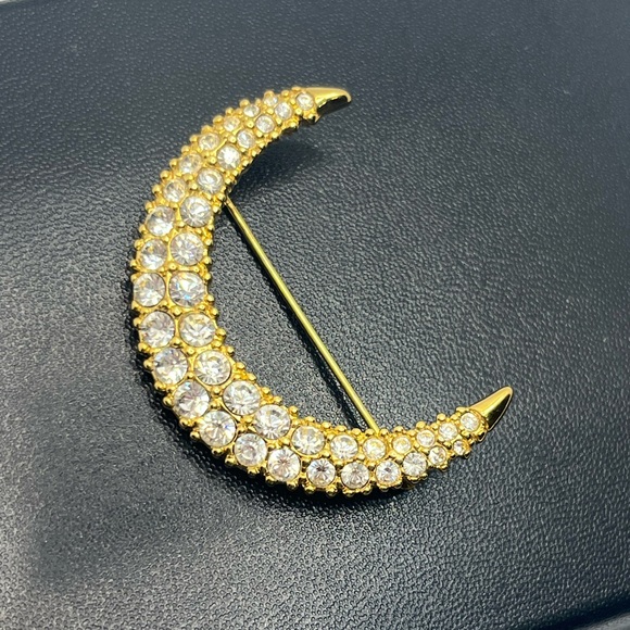Swarovski gold tone clear rhinestone crescent moon brooch pin